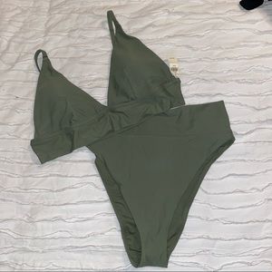 Green AErie Triangle Swim Top and High Waisted Bottoms